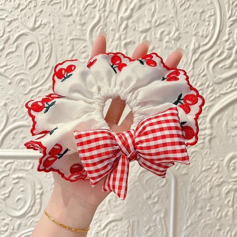 Red Cherry Plaid Bow Hair Tie Scrunchie