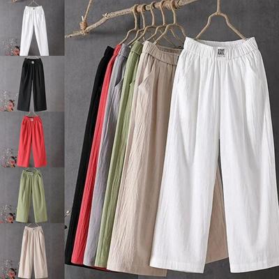 Summer Elastic Waist Women's Pants Casual Solid Cotton Linen Ankle Length Pants Female   Loose Trousers