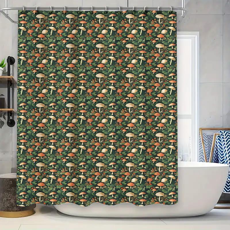 

Natural Mushroom Pattern Shower Curtain Decorative Waterproof Bath Rug Green Orange Floral Design Fabric Size 180Cm X 245Cm For W60H190(CM)-1 Pcs