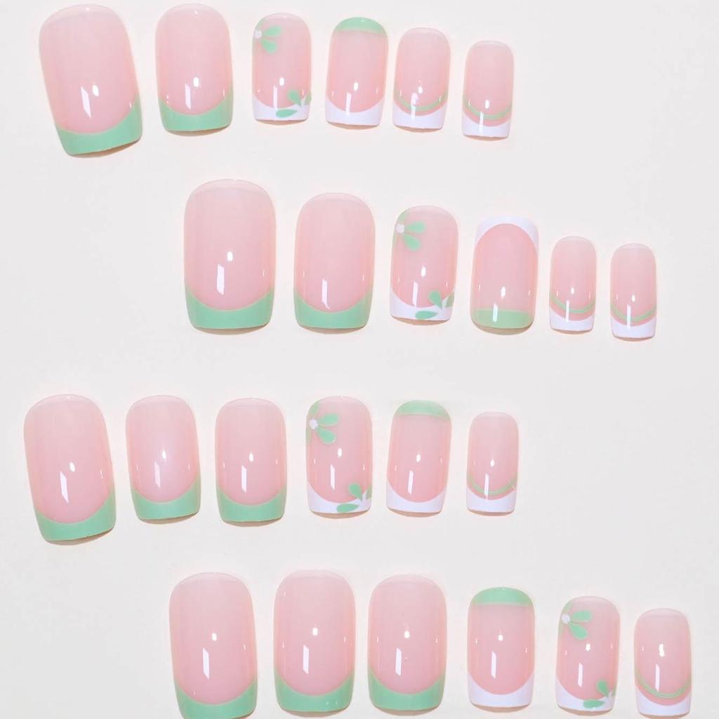 Frühlingsblume Französische Kante Aufhellende Aufklebenägel, Niedliche Kurze und Zarte Falsche Nägel