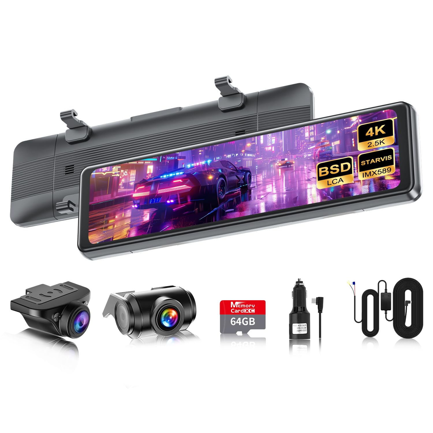 

Отдельная карта 64 ГБ BSD Кабель для вождения Видеорегистратор 4K Задняя IMX415 8 Голосовых сигналов Помехи при парковке Ночная запись и Задний цифровой сенсорный Температура