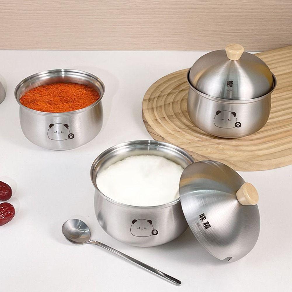 Silver Stainless Steel Sugar Bowl Large Capacity Seasoning Jar Durable Salt Organizer  for Kitchen