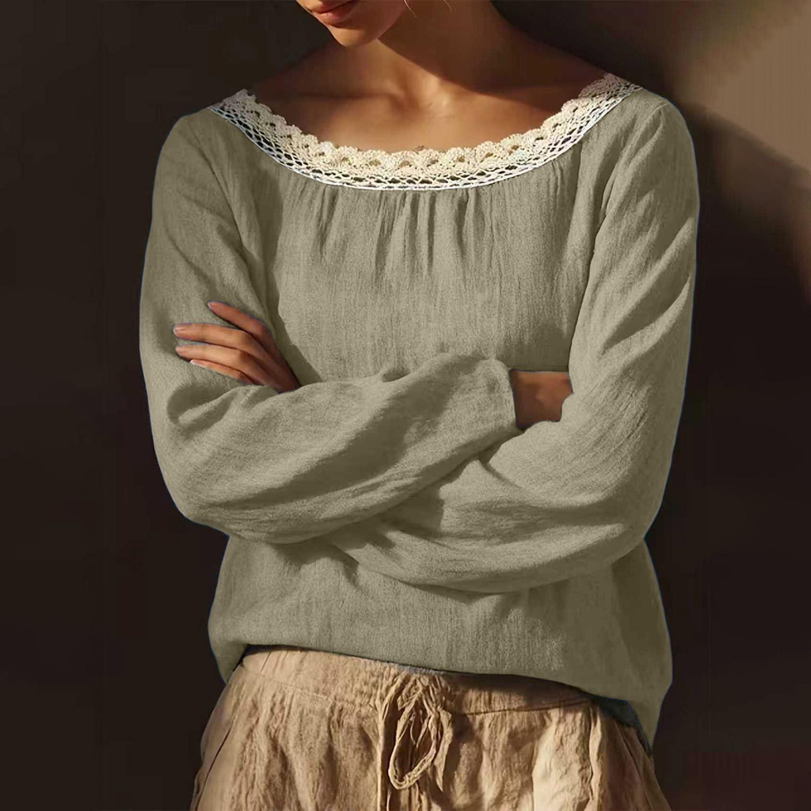 Women s Fashionable Loose-fitting  Color Round Neck Lace Long-sleeved Top M хаки