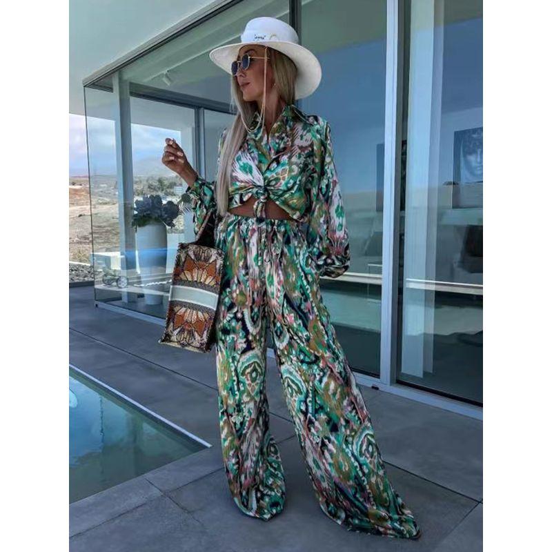 New Fall Women's Clothing Fashion Wind Long Sleeves Top and Trousers Two-piece Set Vacation Style Floral Suit High Waist Slim Looking