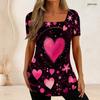 Women Plus Size Short Sleeve U Neck T Shirt Pink Heart Flower Star Dark Background Print Top
