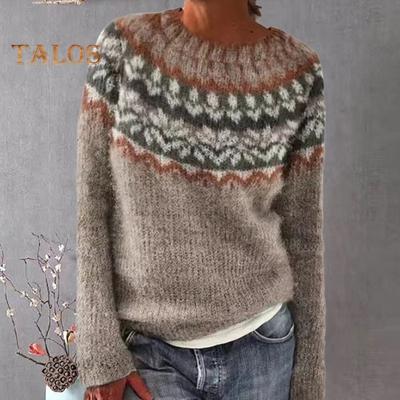 Sweter damski z okrągłym dekoltem, długim rękawem, patchworkowy, kolorowy, dzianinowy, luźny krój, elastyczny, ciepły, dzianinowy, do codziennego noszenia