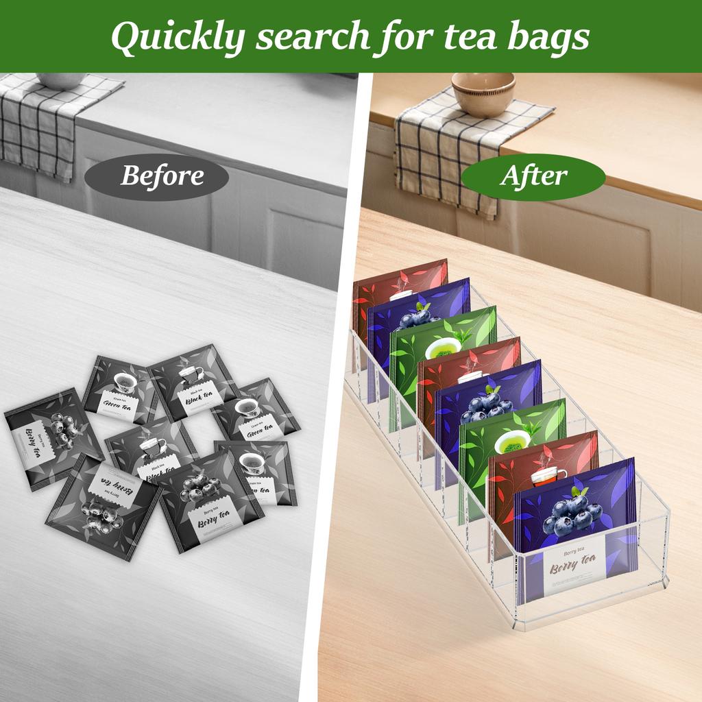 4Pcs Tea Bag Storage Box Acrylic Transparent Tea Packet Drawer Organizer with 8 Divider for Kitchen Cabinet Countertop
