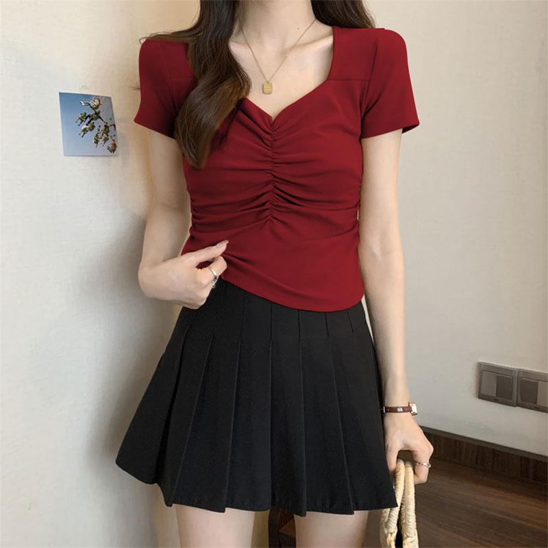 

Hotsweet Элегантные приталенные футболки с V-образным вырезом Летняя модная одежда со складками Женская одежда с коротким рукавом Базовые однотонные короткие пуловеры S красный