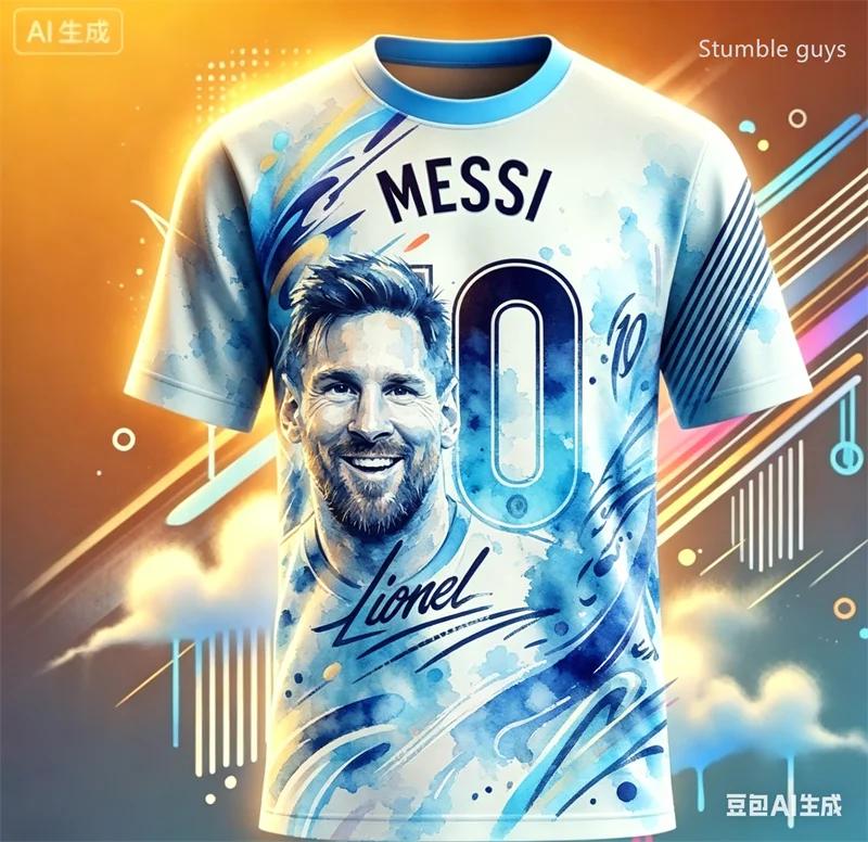 Camiseta Masculina de Verão Infantil Meninos Messi Futebol Manga Curta Casual Esportiva Streetwear Tops Lazer e Exterior