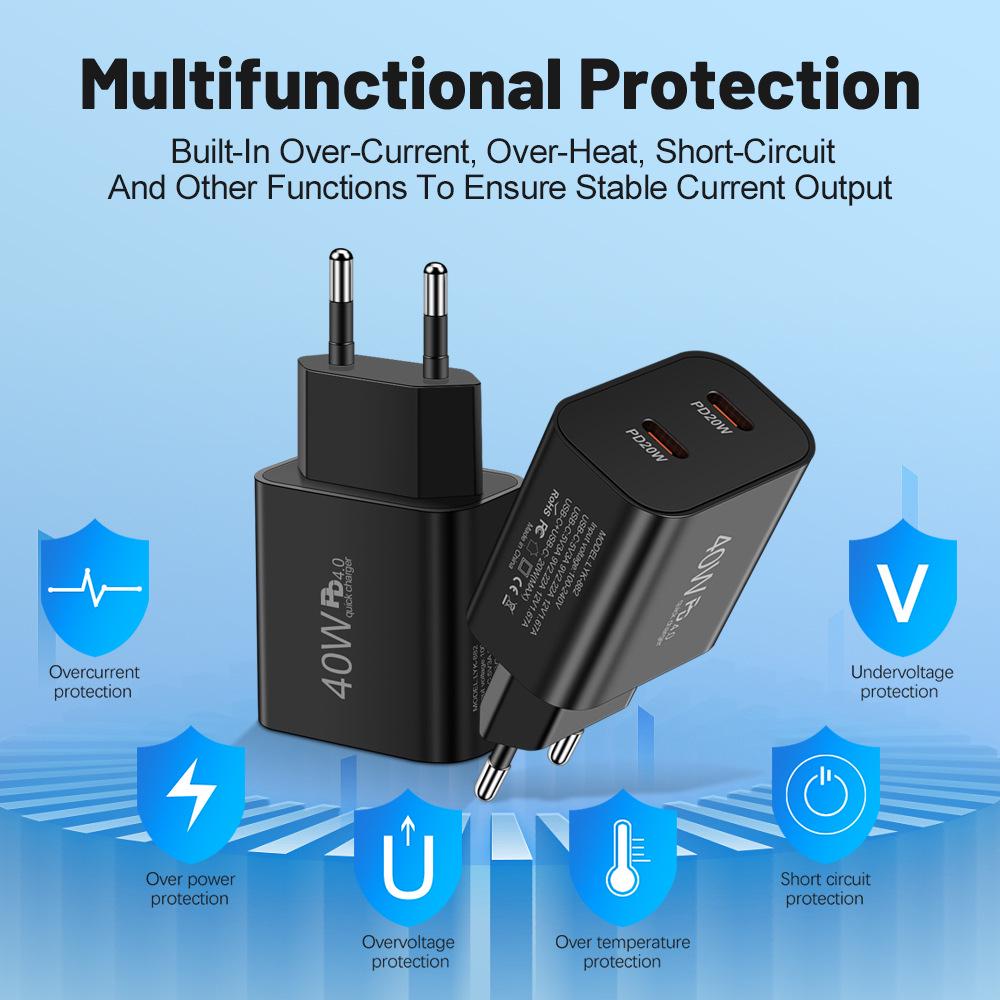 40W Dual PD Type-C Fast Charger for Mobile Phones