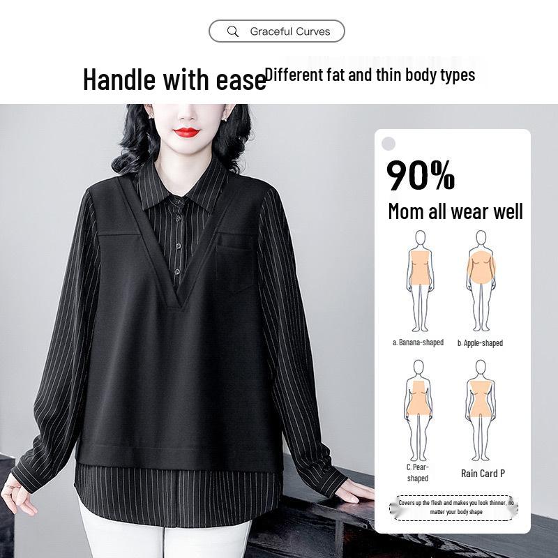 Spring Casual Plus-Size Two-Piece Shirt - Light Mature Style with Turn-Down Collar for Women