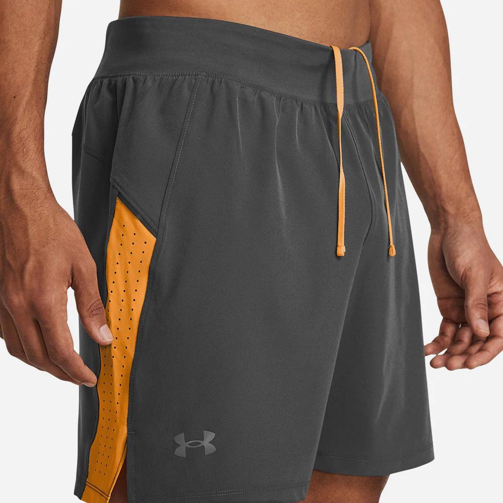 Under Armour Pantalones cortos casuales tres cuartos transpirables para correr Launch para hombre, gris rinoceronte 1376508-026