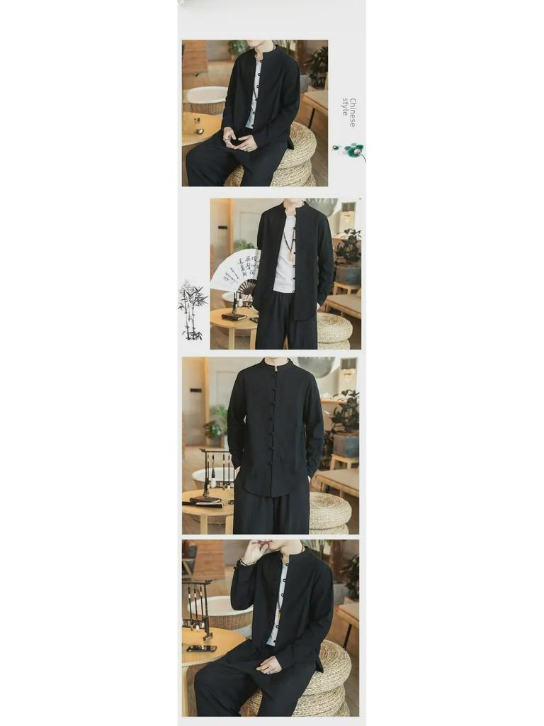 Men’s Chinese Style Long-Sleeve Linen Tang Suit Shirt and Jacket