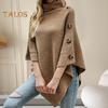 Women Sweater Tops High Collar Solid Color Cape Style Sweater Coat Button Decoration Loose Fit Casual Commuting Knitting Top