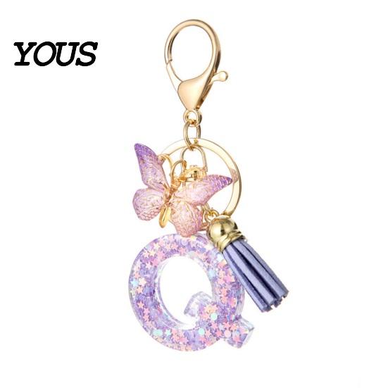 Key Holder For Backpack Purple Series Keychain Pendant, Sequins Star Initial Letter Charm Chain with Butterfly Tassel Design, A-Z for Bag