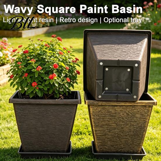 Retro Style Planter Pots Square Resin Planter, 10 Inch Large Plant Pot with Drainage Hole, Modern Saucer Decorative Garden for Indoor Outdoor Plants,
