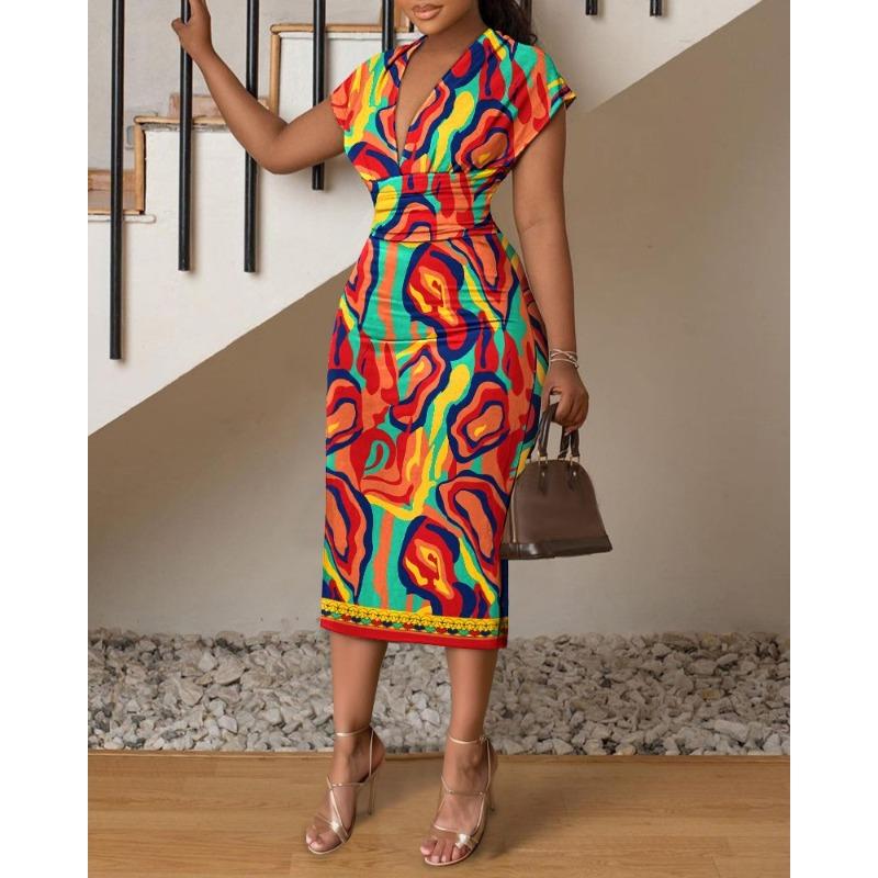 Women's Printed V-Neck High Waist Long Dress