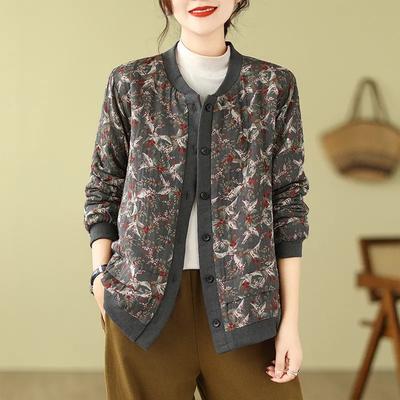 Autumn and Winter Printed Contrast Color Long-sleeved Round Neck Loose Retro Ethnic Style Thickened Cardigan Jacket Top