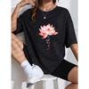 Women Casual T Shirt White Lotus Flower And Text Print Summer Outfit For Yoga And Daily Wear