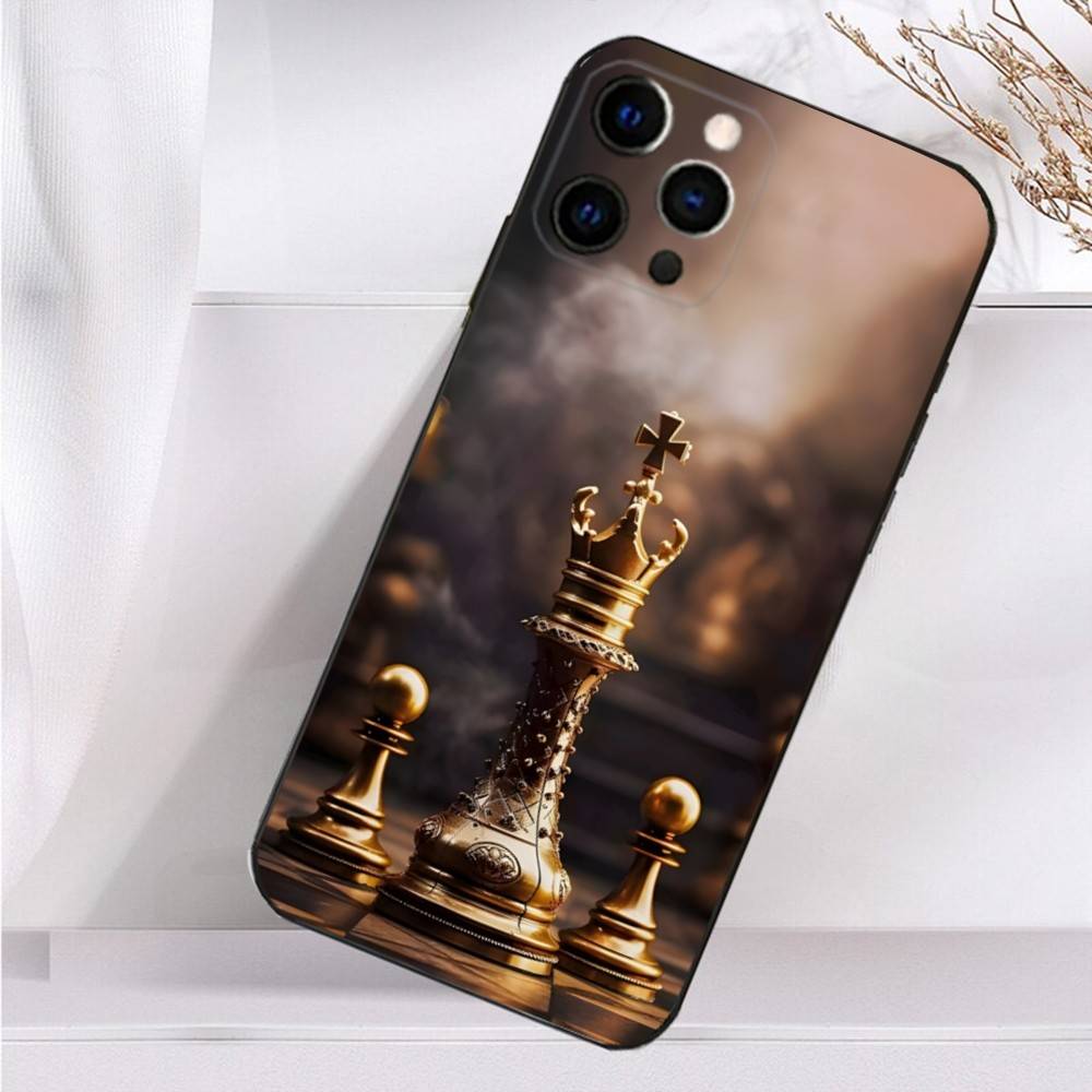 Board Pieces Chess Case For iPhone 16,15,17,14,13,12,11 Plus,Pro Max,XS,X,XR,SE,Mini,8,7 Soft Silicone Black Cover