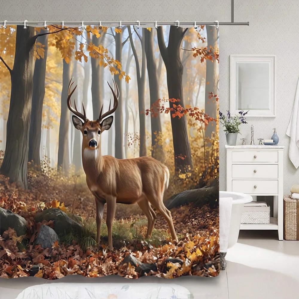Hirsch Duschvorhang Tiefer Wald Herbst Natur Landschaft Tier Erntedank Polyester Duschvorhänge Badezimmerdeko mit Haken