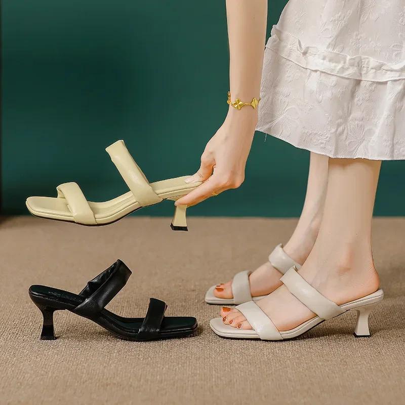 Fashion 2025 New Square Head High Heels Stiletto Internet Celebrity Fashion Sense Cool Slippers