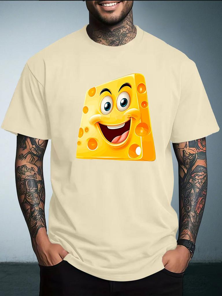 Unisex Summer White Short Sleeve Tee Cute Cartoon Smiling Cheese Block Graphic Print Crew Neck Loose Streetwear Male Casual Tops