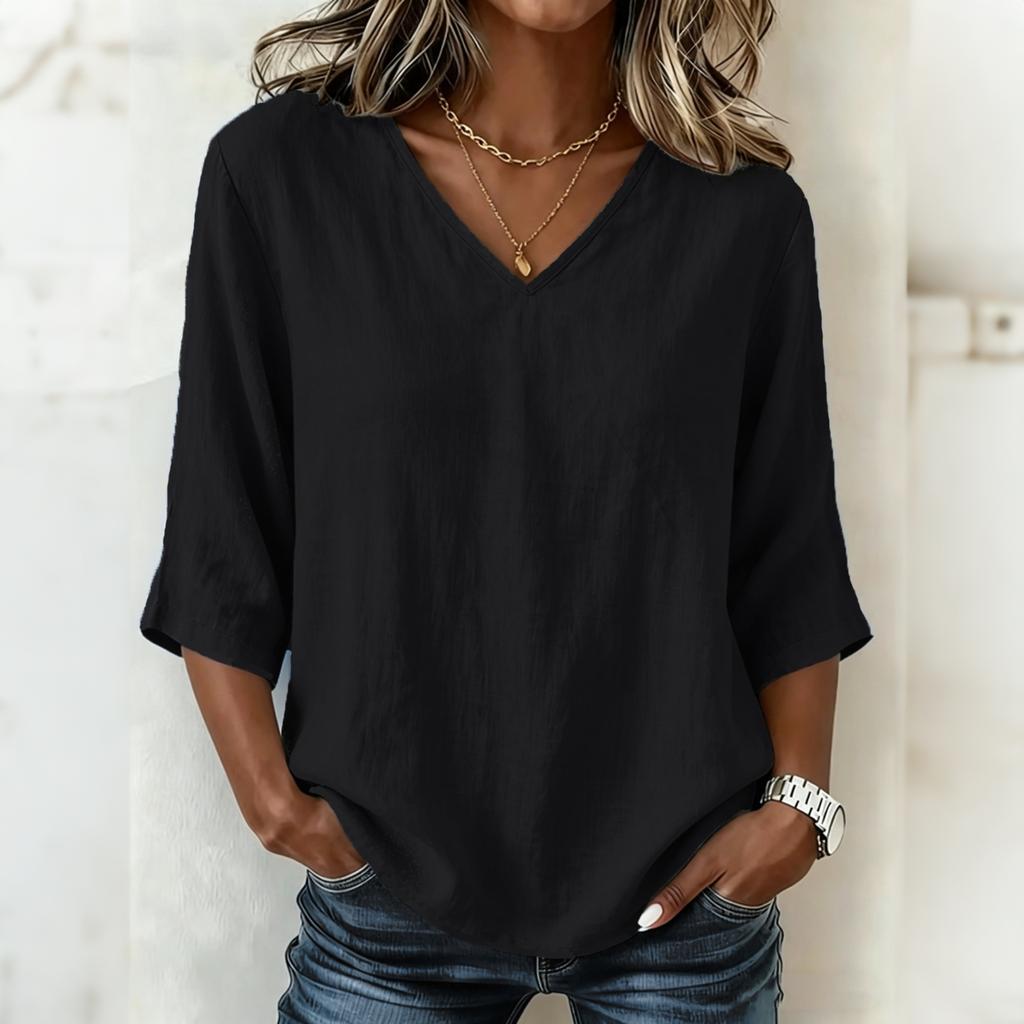 Women Loose Fit V Neck Top Mid Sleeve Relaxed Style Lightweight Jersey Cotton Casual Shirt for Everyday Wear