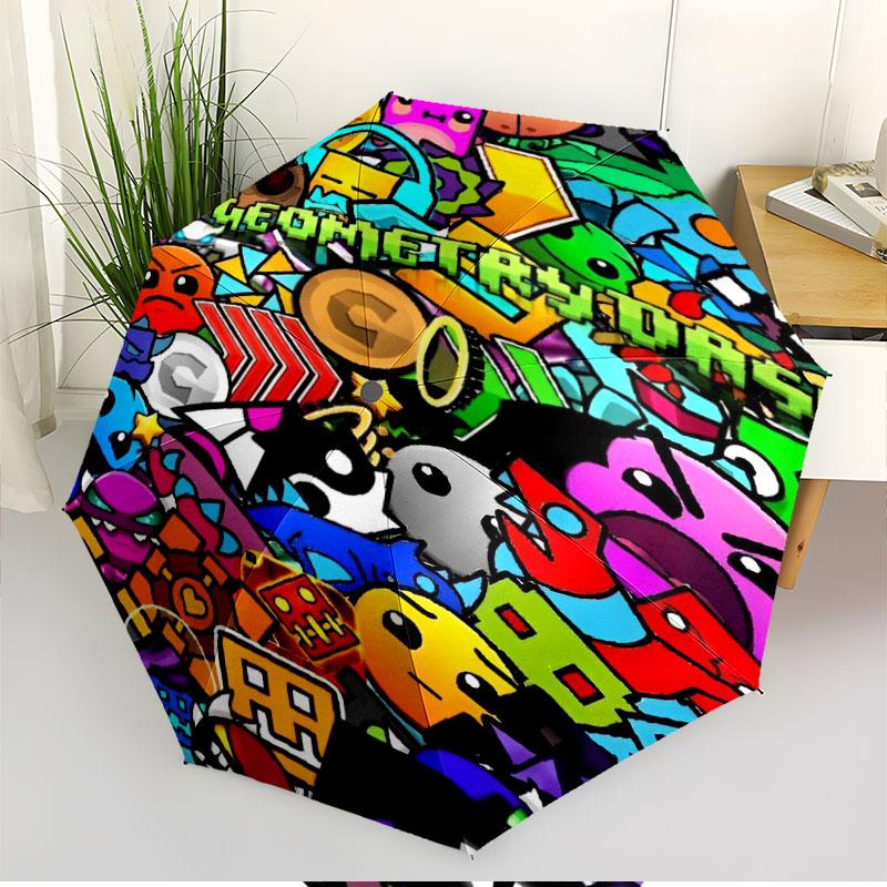 Geometry Dash Print Automatic Open Close Umbrella, Portable Foldable Umbrella, for Outdoor Commute Camping Trip, Ideal Birthday Gift