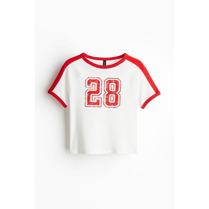 

HM Women s Clothing Fall 2025 New round Neck Silm Print Short T-shirt 1281197 White/28 155/80(XS)