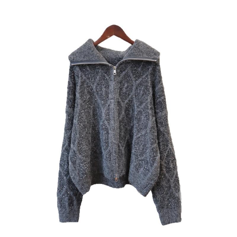 Autumn and winter new double zipper sequined high-end knitted cardigan loose casual versatile sweater jacket women