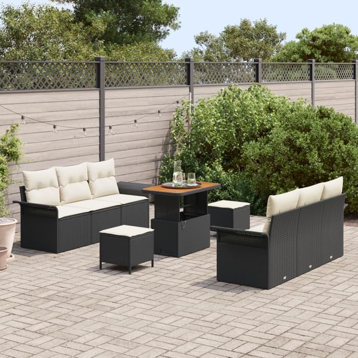 Ensemble de canapés de jardin 9 pièces avec coussins en noir rattan poly acacia, Canapé de jardin 2 places avec rangement 3364040