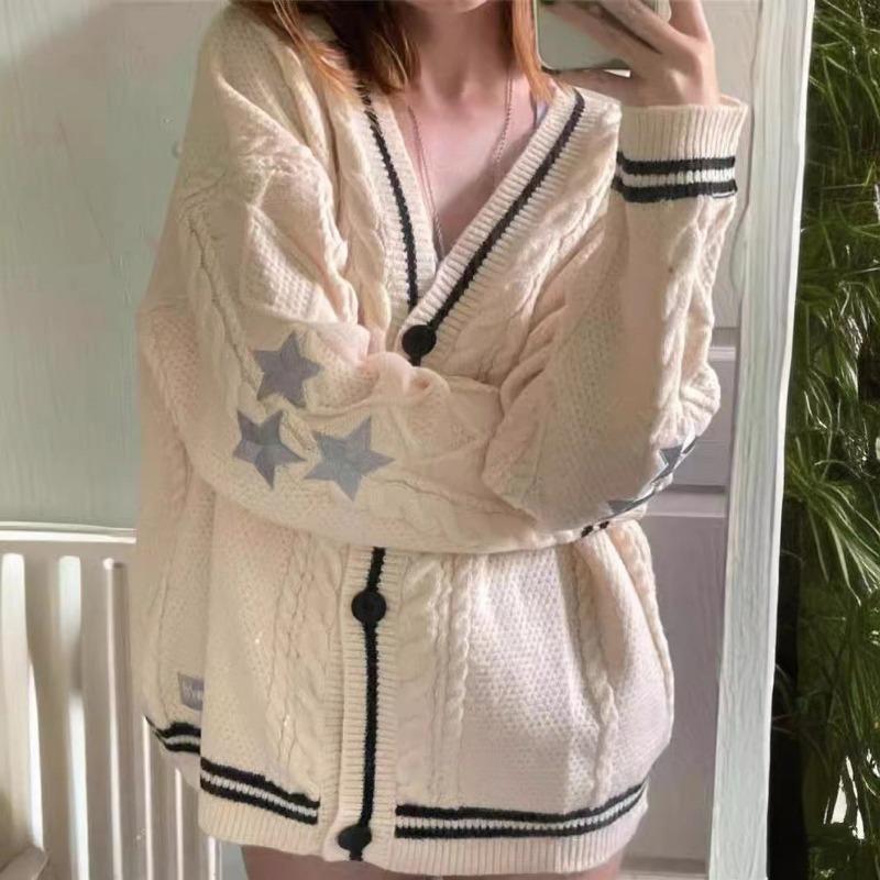 Star Patterned Women's V-neck Sweater Jacket Solid Color Long Sleeved Single Breasted Warm Jackets Autumn and Winter Woman Casual Cardigan