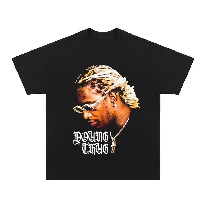 Rapper Young Thug Thugger Portrait Vintage Hip Hop Style Black Cotton Unisex T-shirt