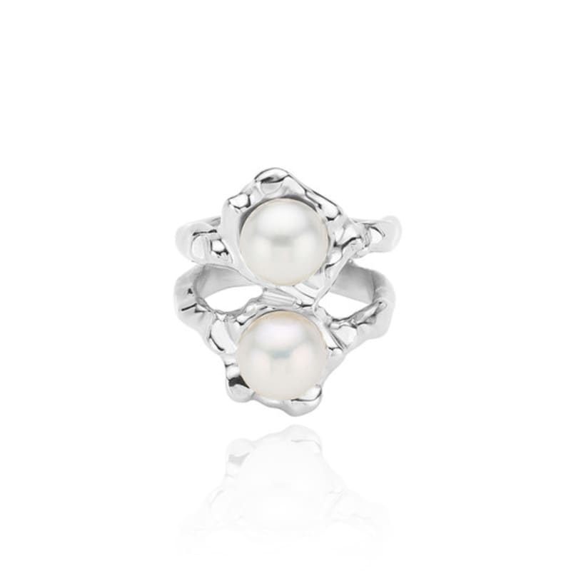POPPI Silver double pearl wave ring