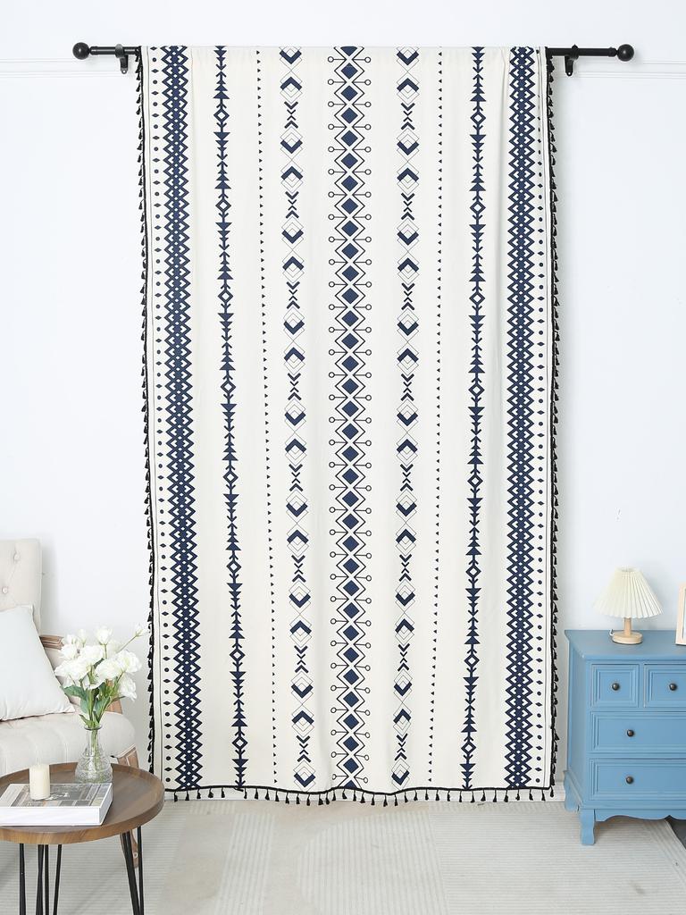 Korean Living Room Balcony Bohemian Cotton And Linen Blackout Black Printing Floor Partition Curtains