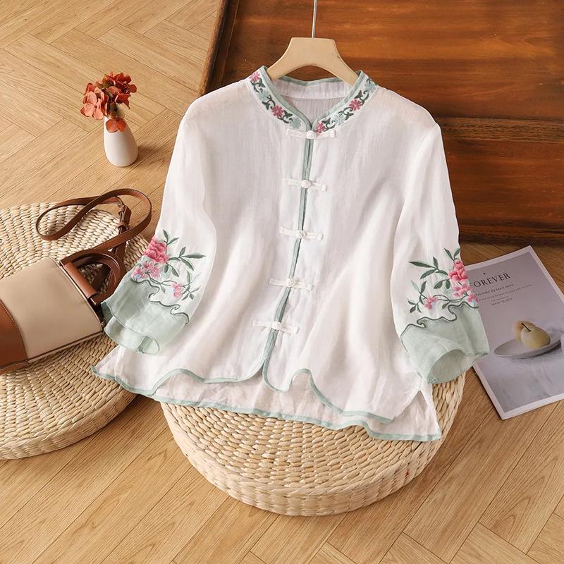 Women's Summer Cotton & Linen Embroidered Cardigan Shirt with Retro Ethnic Style and Seven-Sleeve Slimming Design