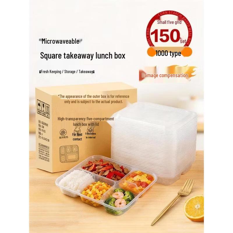 HANDUNYOU Disposable 5-Compartment Transparent Lunch Boxes