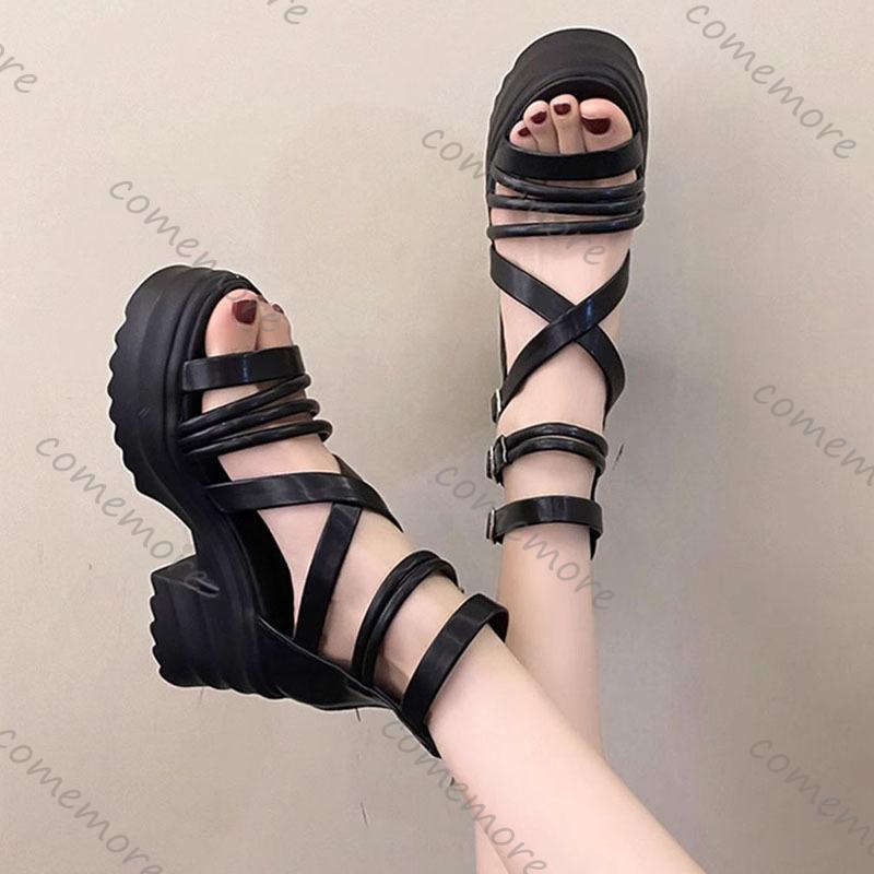 Fashion Comemore Summer Sandals 9CM Wedge Heels New Women Beach Thick Bottom Black Open Toe Casual Roman Shoes Ladies Heeled Sandales