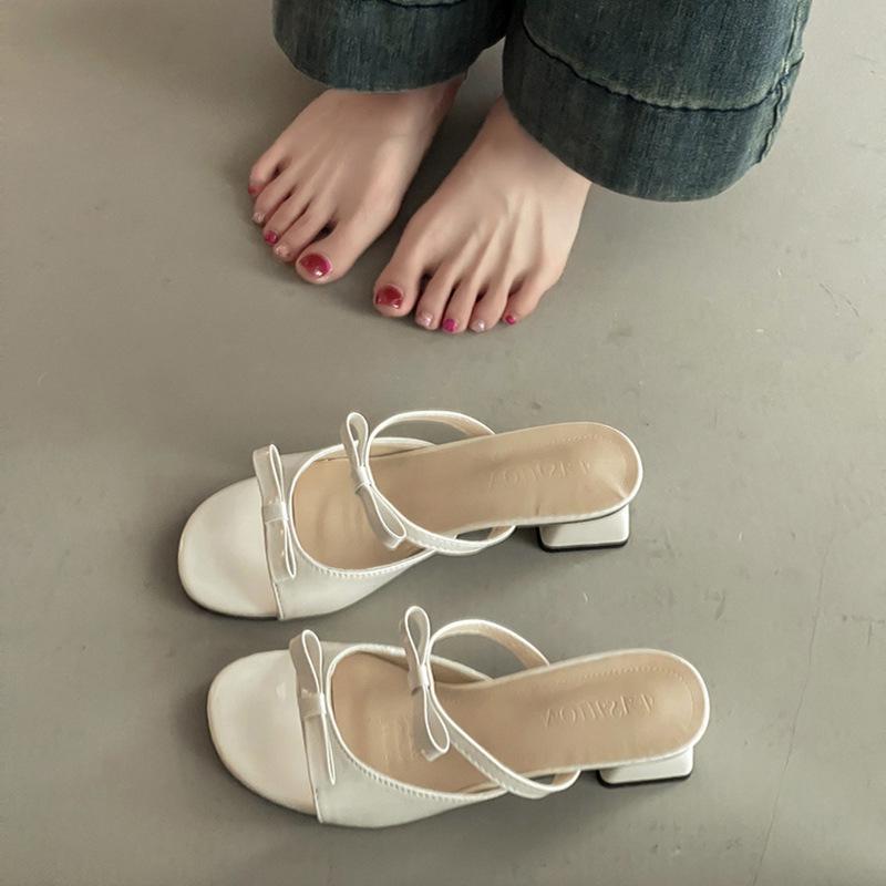 Fashion retro high-heeled cool slippers design sense bow one-word slippers women's summer casual wear French sandals
