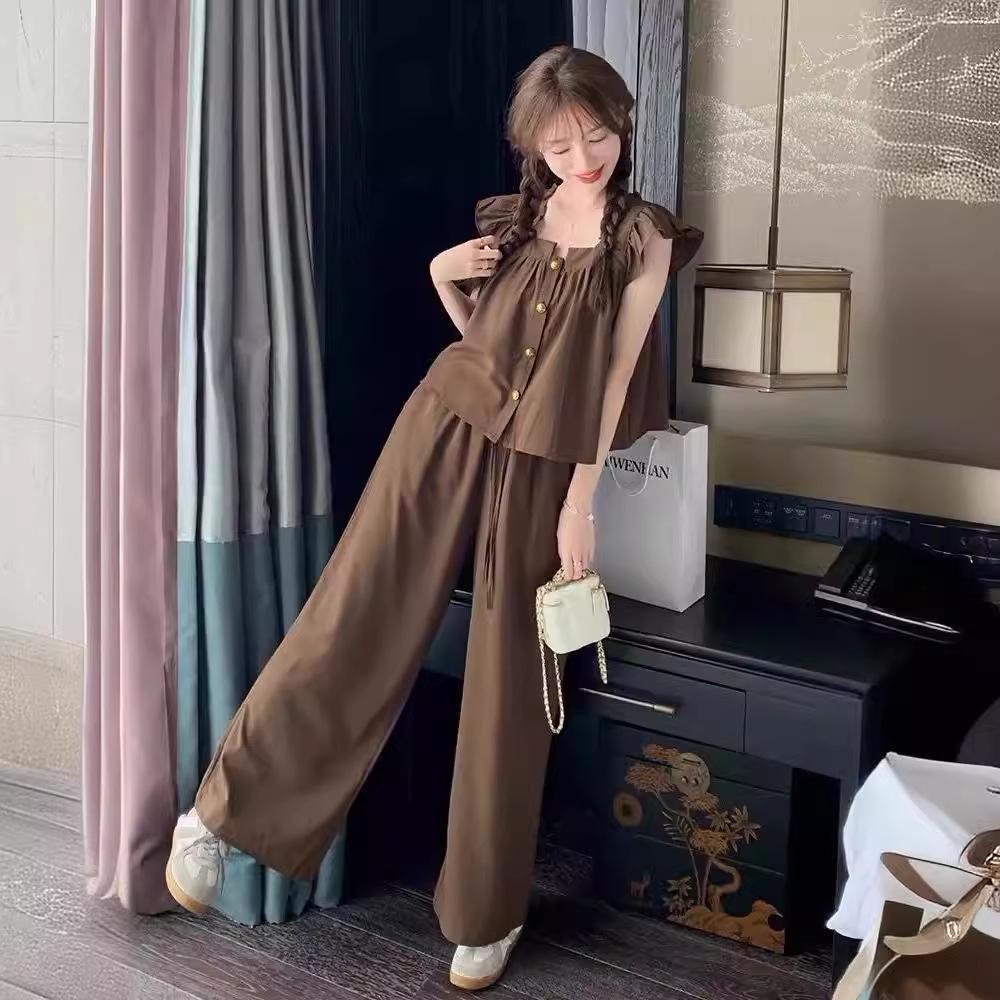 

Летний омолаживающий комплект-двойка для миниатюрных женщин 2024: Топ с коротким рукавом и брюки широкого кроя M кофейный