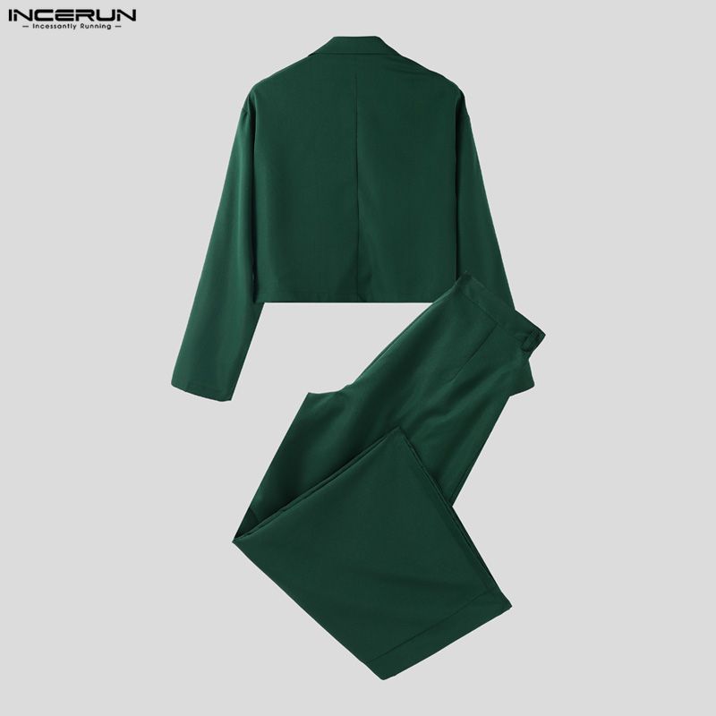 Sleeve Incerun Outfits Long Men Cropped Blazer And Long Wide Legs Pants Casual 2pcs Sets