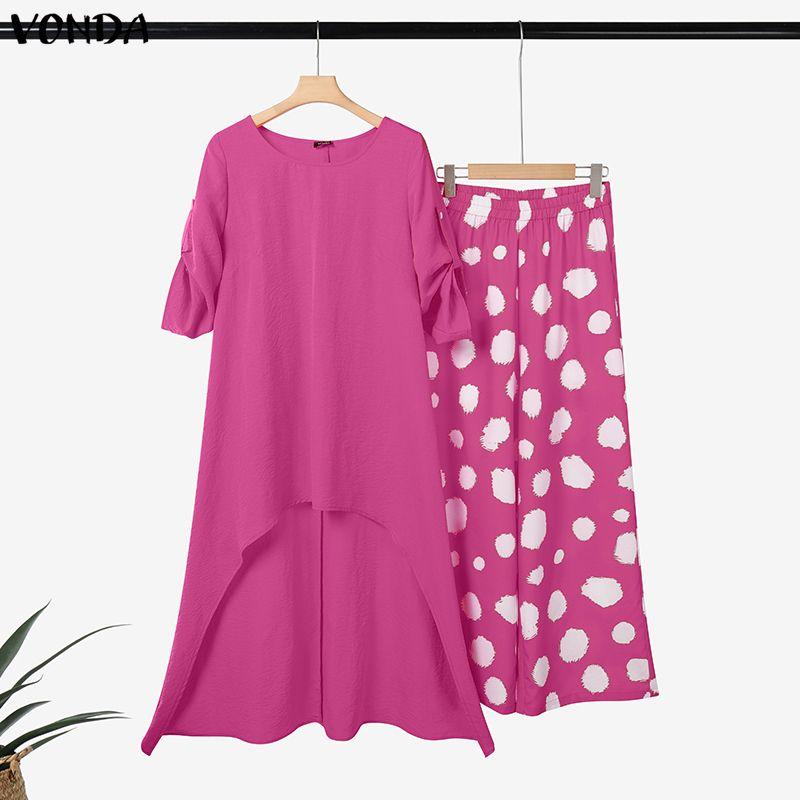 

VONDA Women Half Sleeve Blouse and Polka Dots Pants Casual Two Piece Suit Sets 5XL темно-розовый