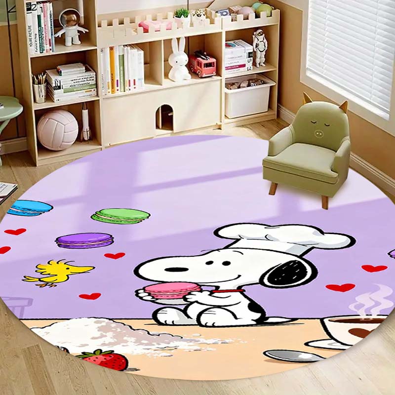 Kawaii Snoopy Round Rug Cute Cartoon Printed Circular Carpet Anti-Slip Floor Mat for Kids Room Nursery Decor