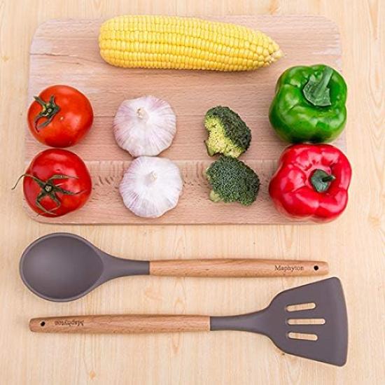 Mapthon Silicone Cooking Kitchen Utensils Set 6 PCS with Wooden Handle for Non-Sticker Cookware Heat-Resistant Kitchen Gadgets Serving Spoons,