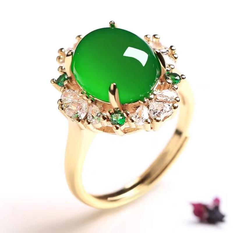 Bague Ajustable Calcédoine & Agate de Glace Forme Libre pour Femmes avec Incrustations en Forme d'Œuf et Placage Argent 925