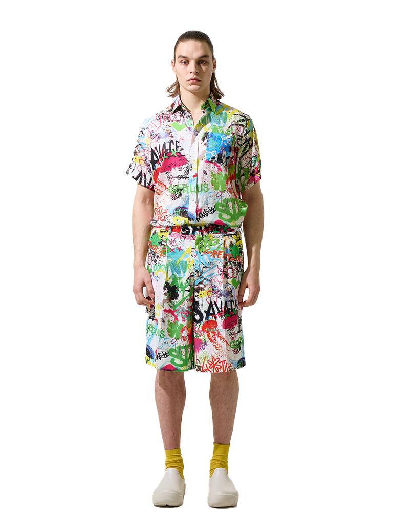 GREEDILOUS White Graffiti Print Short Sleeve Oversized Button Down Shirt