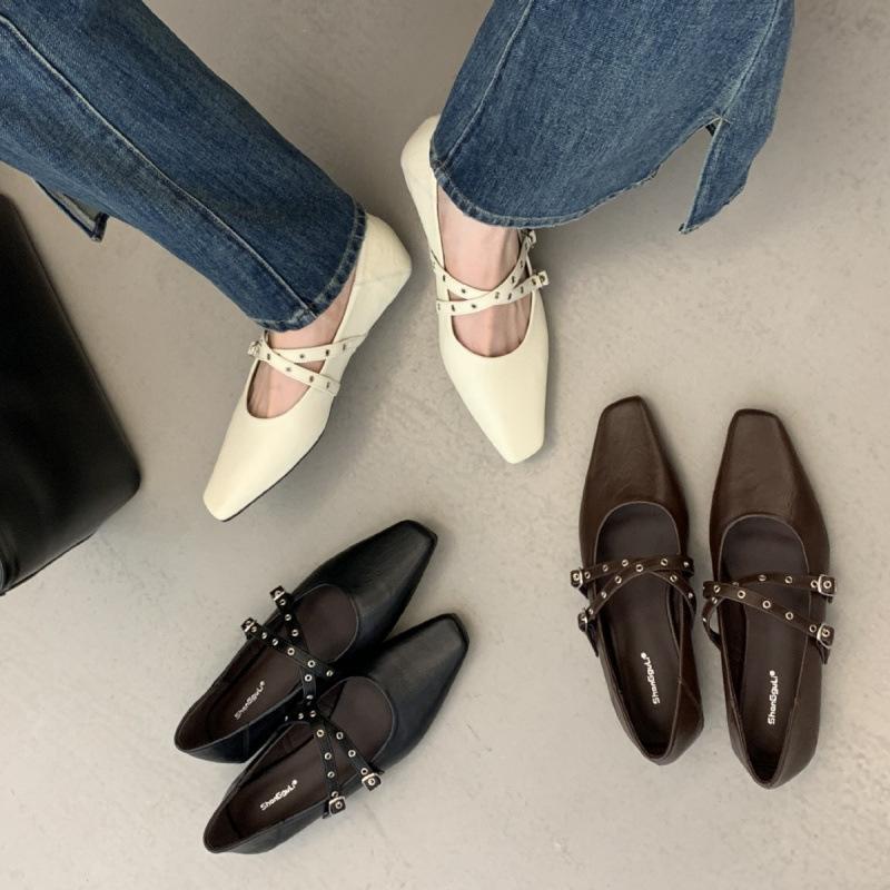 Simple and versatile Mary Jane shoes women's 2025 spring and autumn new cross-buckle soft leather evening low-heeled single shoes