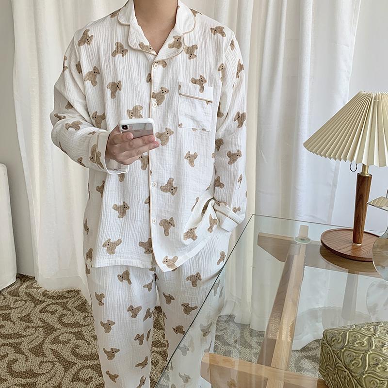 100% Katoen Grappige Beer Cartoon Homewear Vrouwen Mannen Stel Pyjama Lange Mouw Lente Herfst Nachtkleding Pak M gray