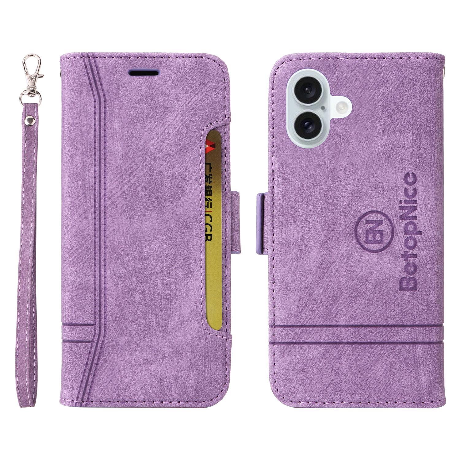 

BETOPNICE 001 for iPhone 16 Plus Case Stand Card Slots Leather Phone Cover Purple